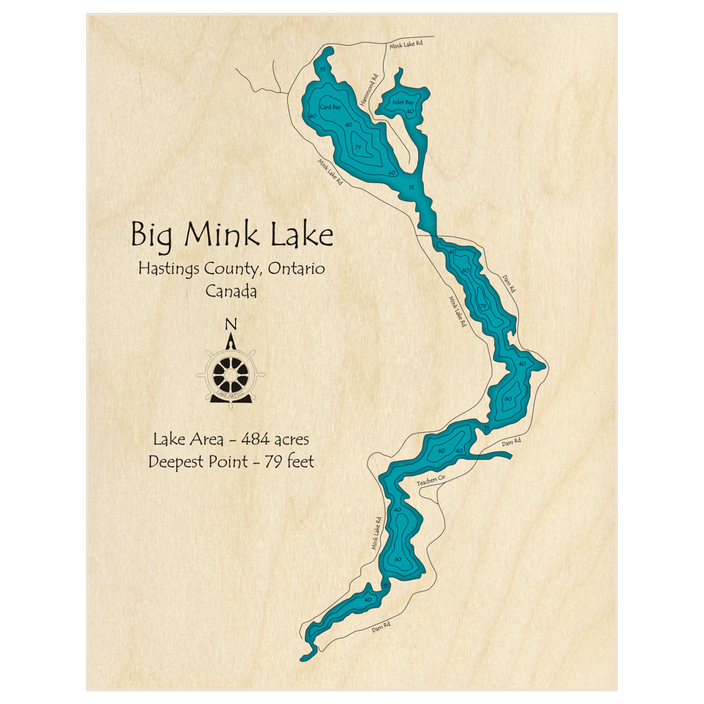 Bathymetric topo map of Big Mink Lake with roads, towns and depths noted in blue water