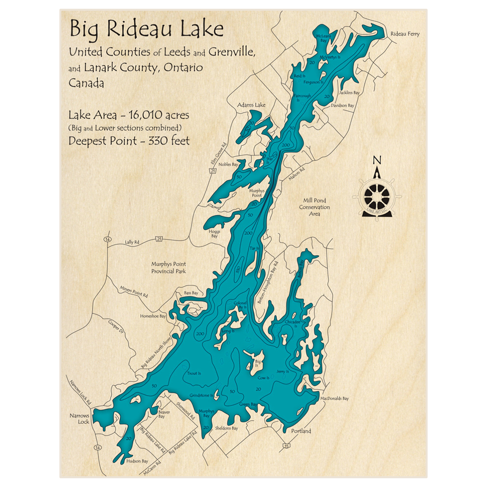 Bathymetric topo map of Rideau Lake (Big) with roads, towns and depths noted in blue water