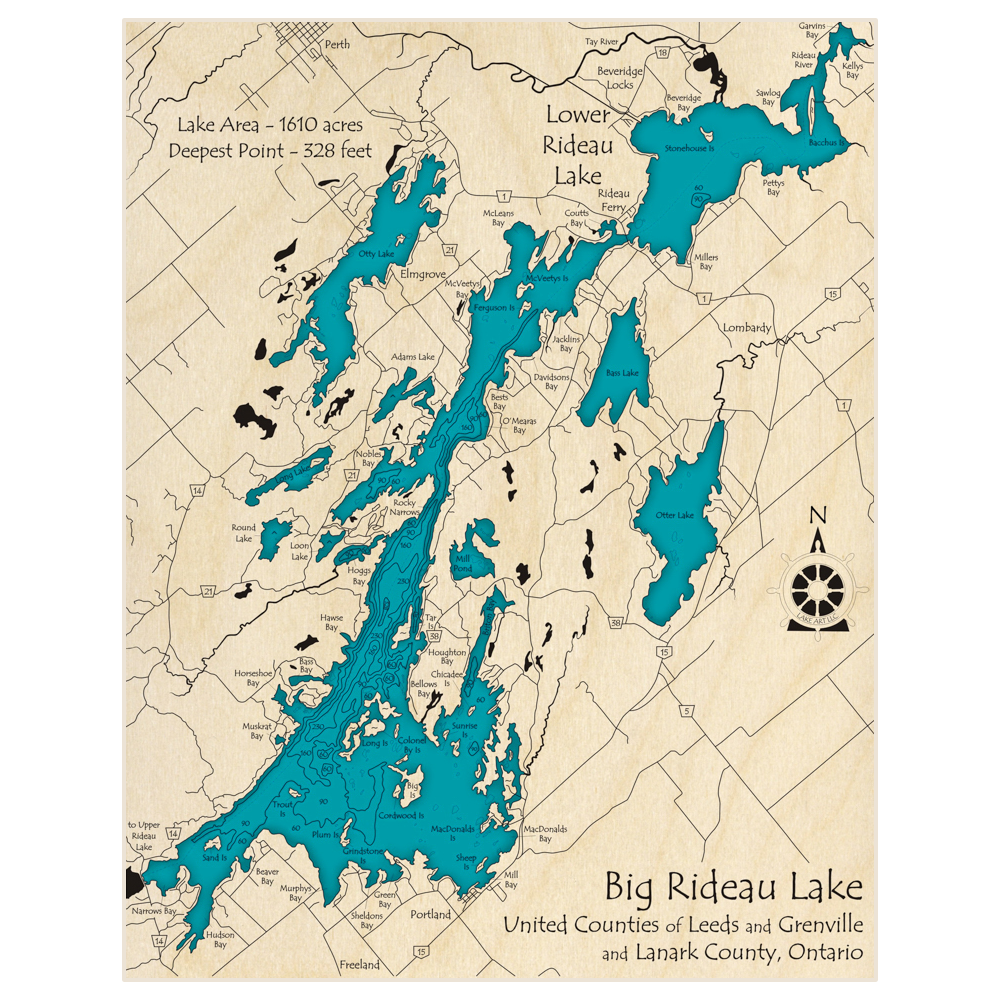 Bathymetric topo map of Rideau Lake (Big and Lower) with roads, towns and depths noted in blue water