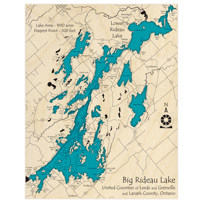 Bathymetric topo map of Rideau Lake (Big and Lower) with roads, towns and depths noted in blue water