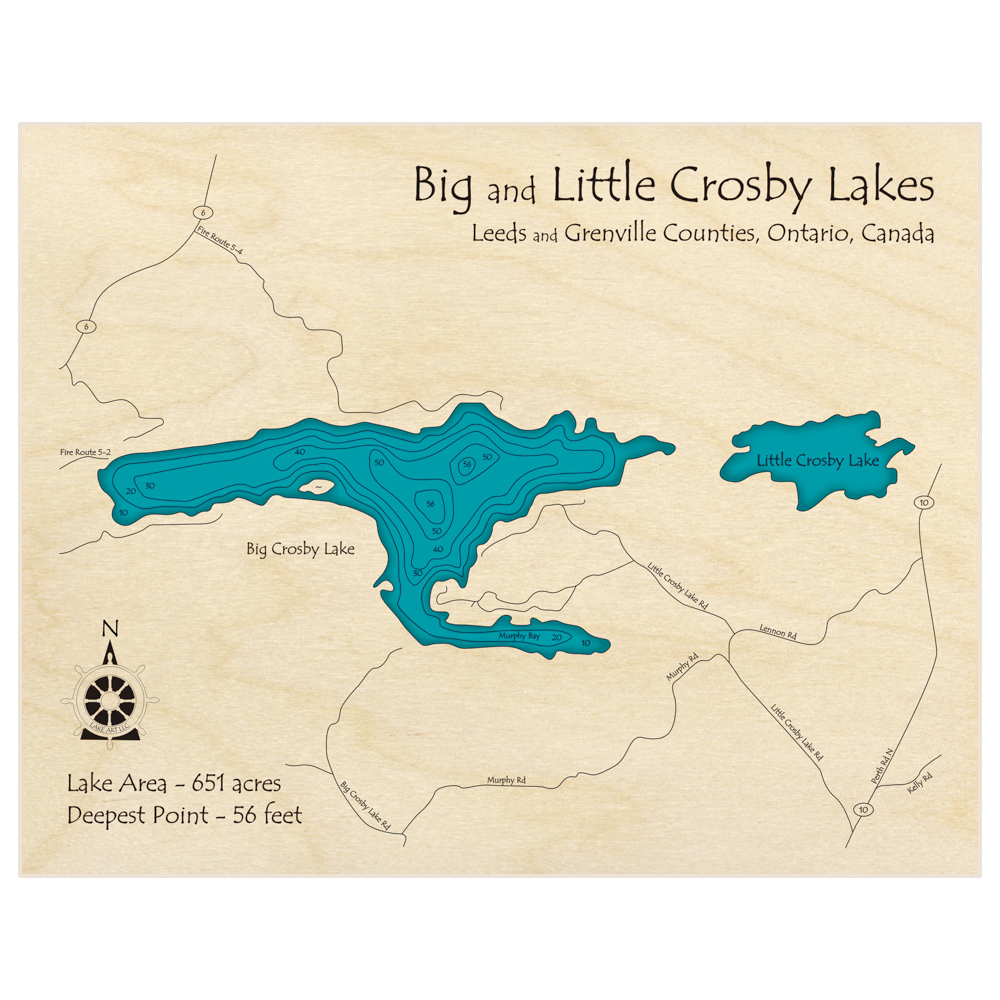 Bathymetric topo map of Crosby Lakes (Big and Little) with roads, towns and depths noted in blue water