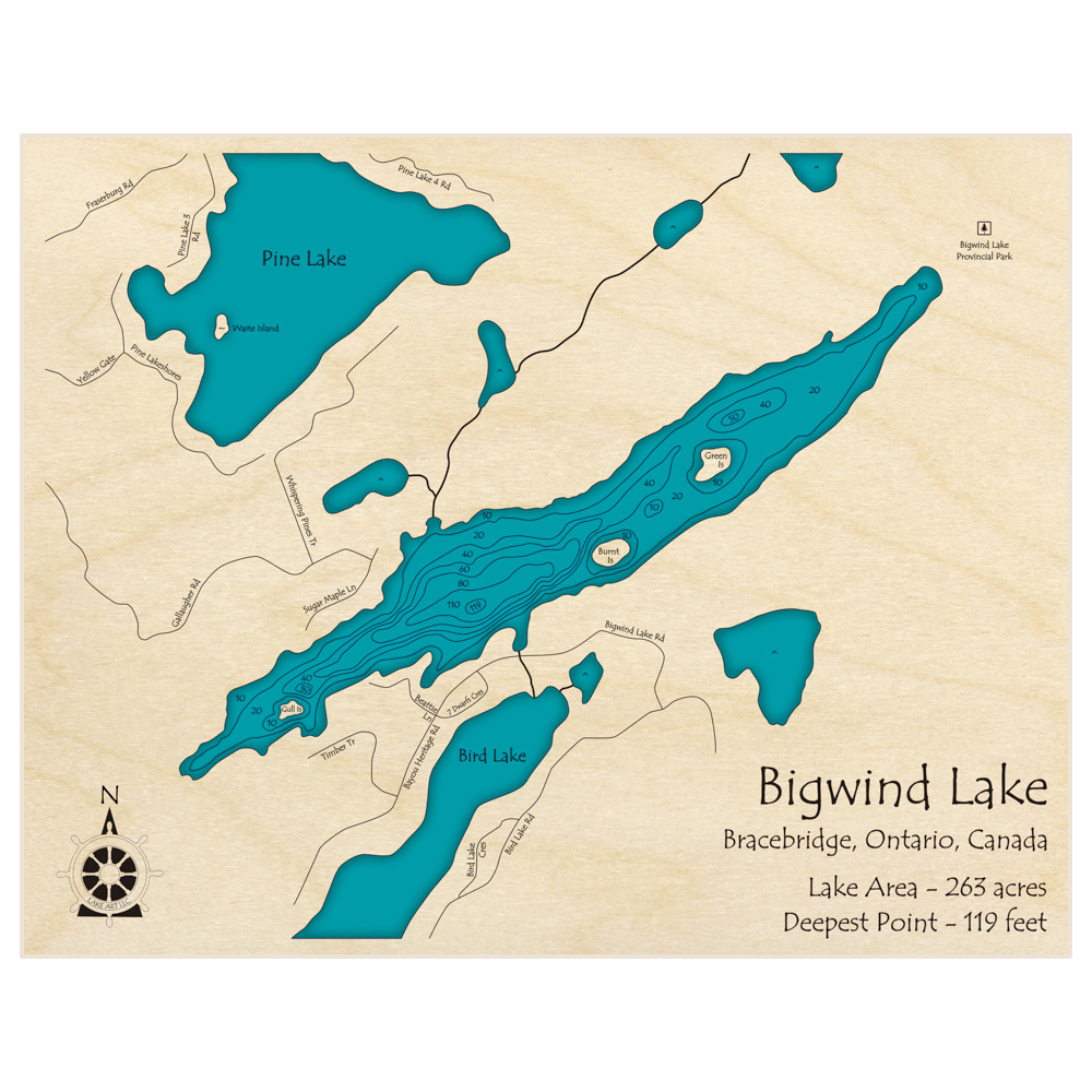 Bathymetric topo map of Bigwind Lake with roads, towns and depths noted in blue water