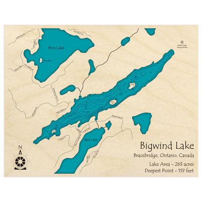 Bathymetric topo map of Bigwind Lake with roads, towns and depths noted in blue water