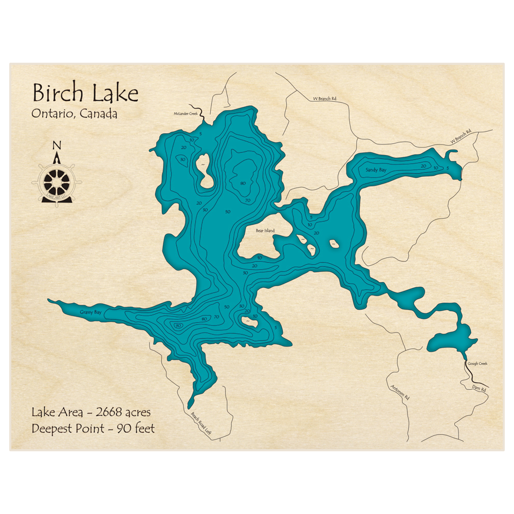 Bathymetric topo map of Birch Lake (Near Webbwood) with roads, towns and depths noted in blue water