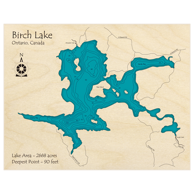 Bathymetric topo map of Birch Lake (Near Webbwood) with roads, towns and depths noted in blue water