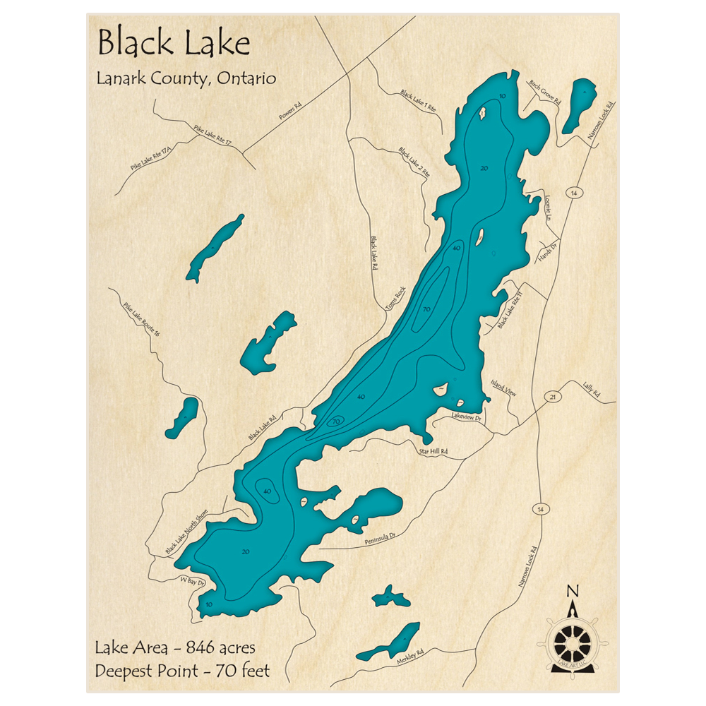 Bathymetric topo map of Black Lake with roads, towns and depths noted in blue water