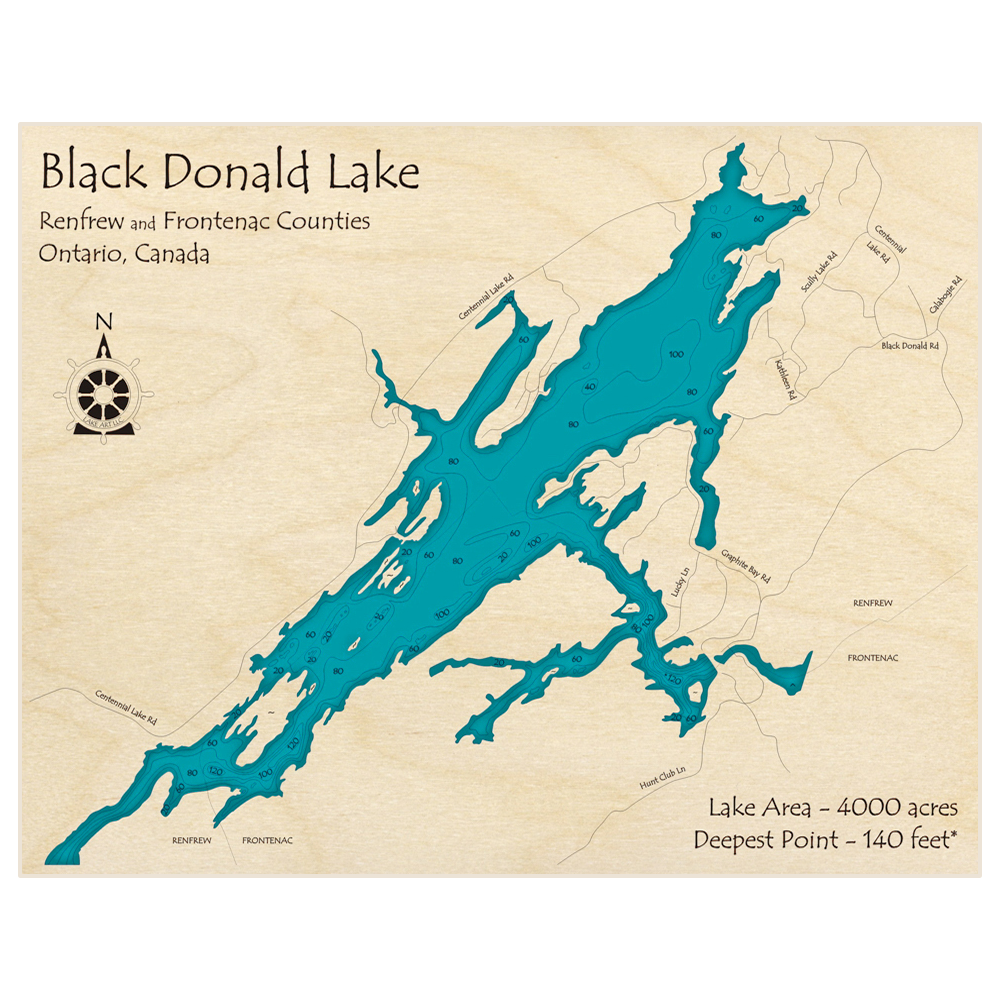 Bathymetric topo map of Black Donald Lake with roads, towns and depths noted in blue water