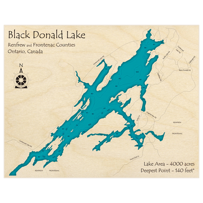Bathymetric topo map of Black Donald Lake with roads, towns and depths noted in blue water