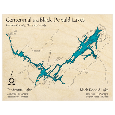 Bathymetric topo map of Black Donald Lake (w Centennial) with roads, towns and depths noted in blue water