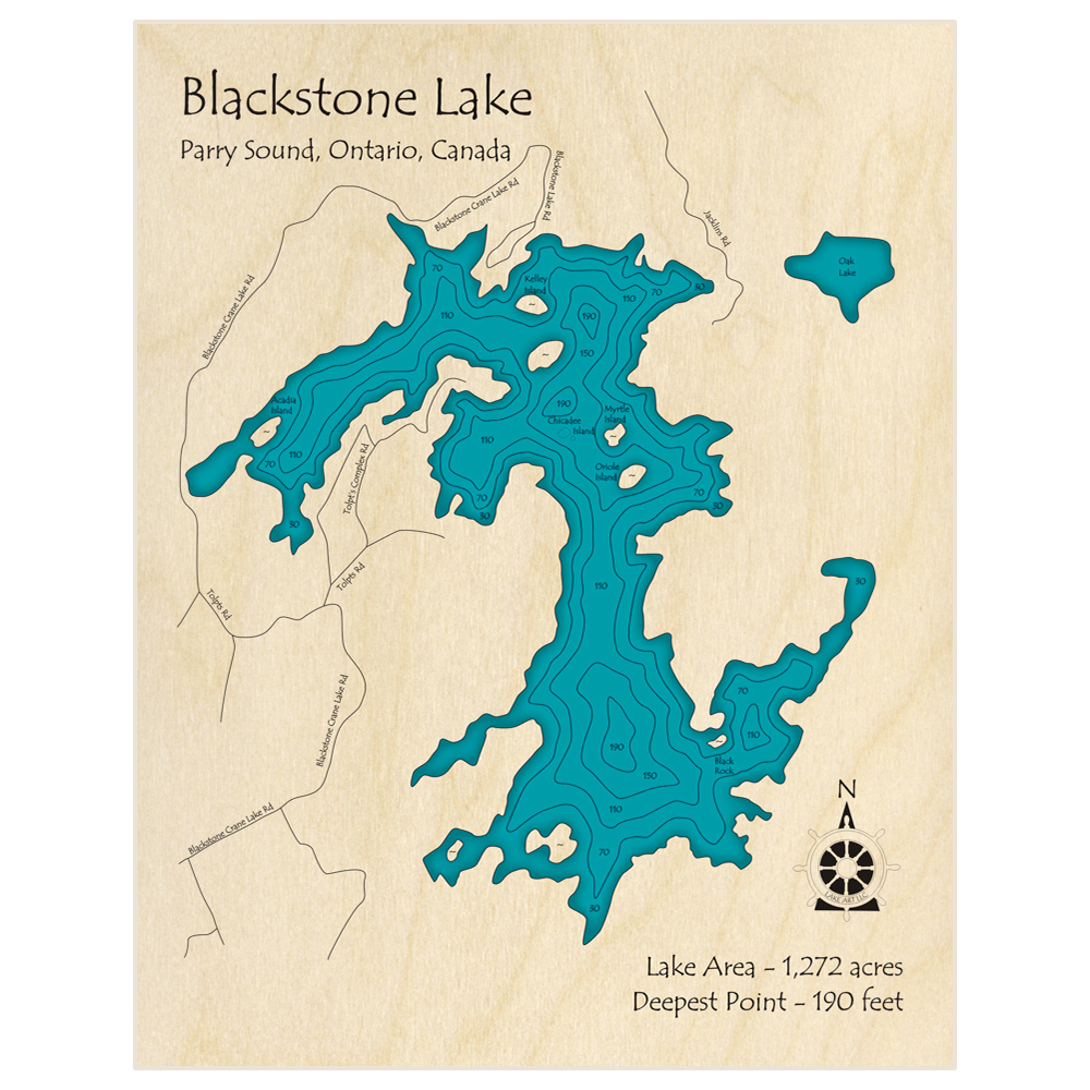 Bathymetric topo map of Blackstone Lake with roads, towns and depths noted in blue water