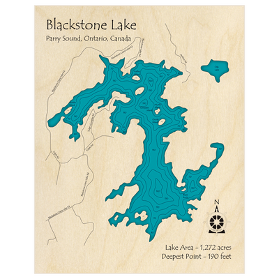 Bathymetric topo map of Blackstone Lake with roads, towns and depths noted in blue water