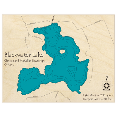 Bathymetric topo map of Blackwater Lake with roads, towns and depths noted in blue water