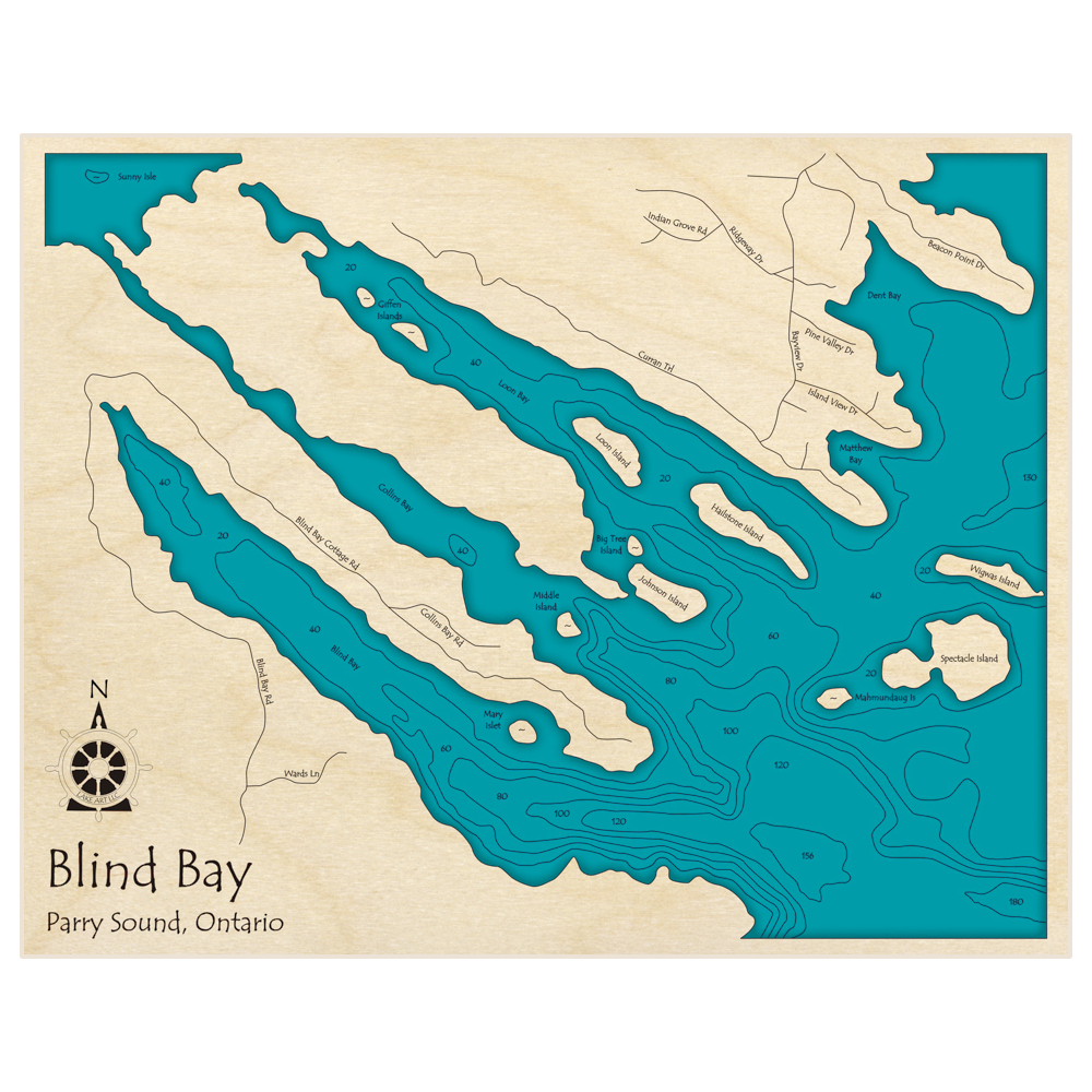 Bathymetric topo map of Blind Bay (with Collins Bay, Loon Bay and Dent Bay) with roads, towns and depths noted in blue water