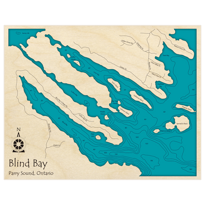 Bathymetric topo map of Blind Bay (with Collins Bay, Loon Bay and Dent Bay) with roads, towns and depths noted in blue water