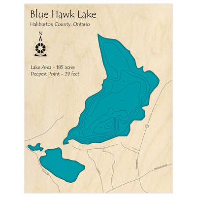 Bathymetric topo map of Blue Hawk Lake with roads, towns and depths noted in blue water