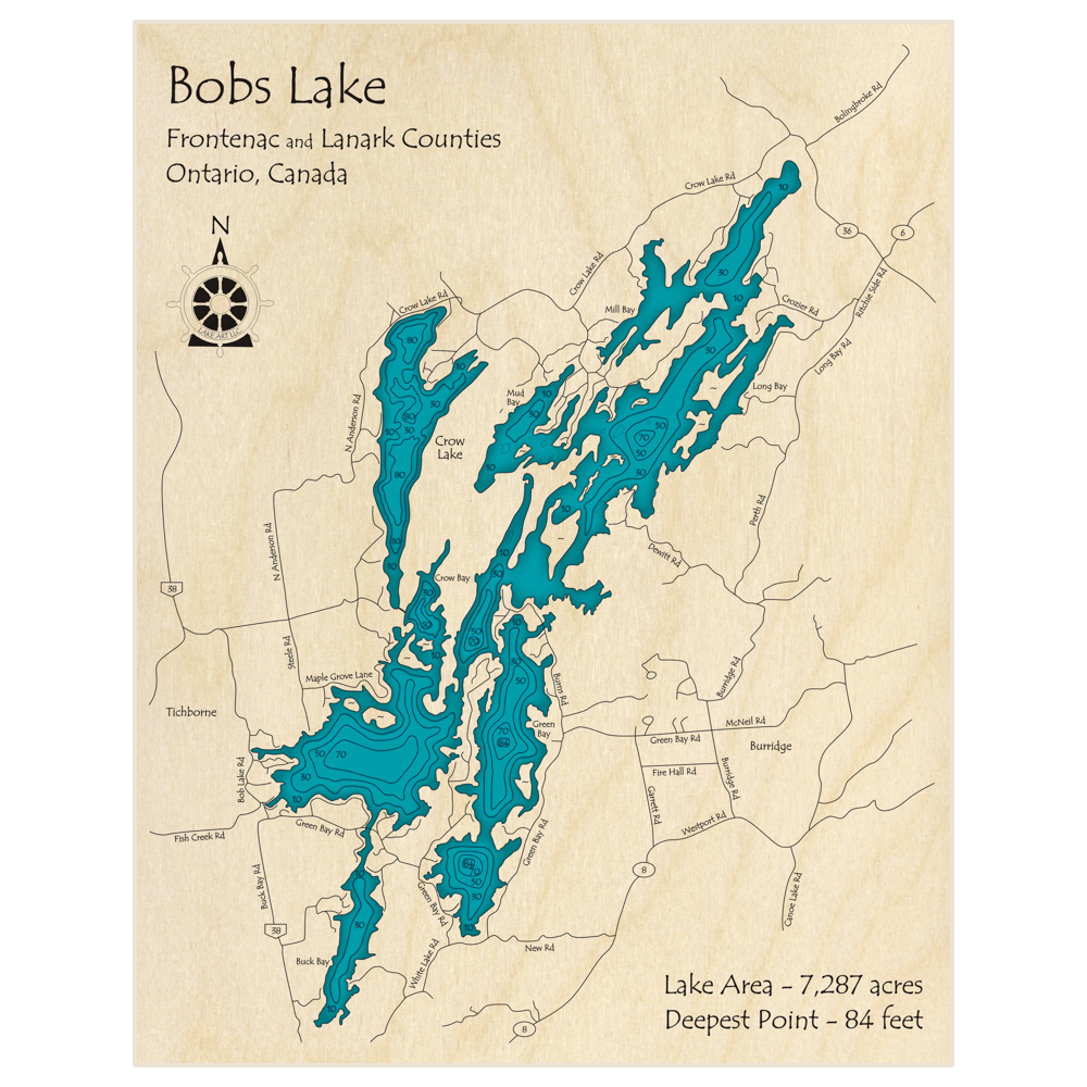 Bathymetric topo map of Bobs Lake with roads, towns and depths noted in blue water