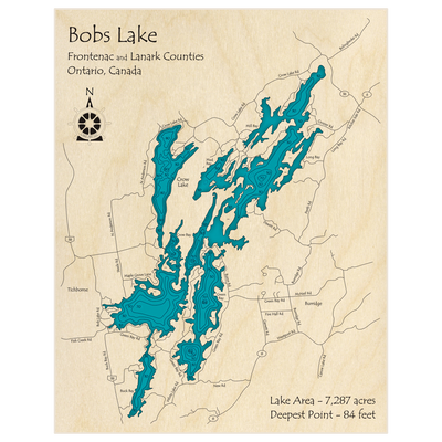 Bathymetric topo map of Bobs Lake with roads, towns and depths noted in blue water