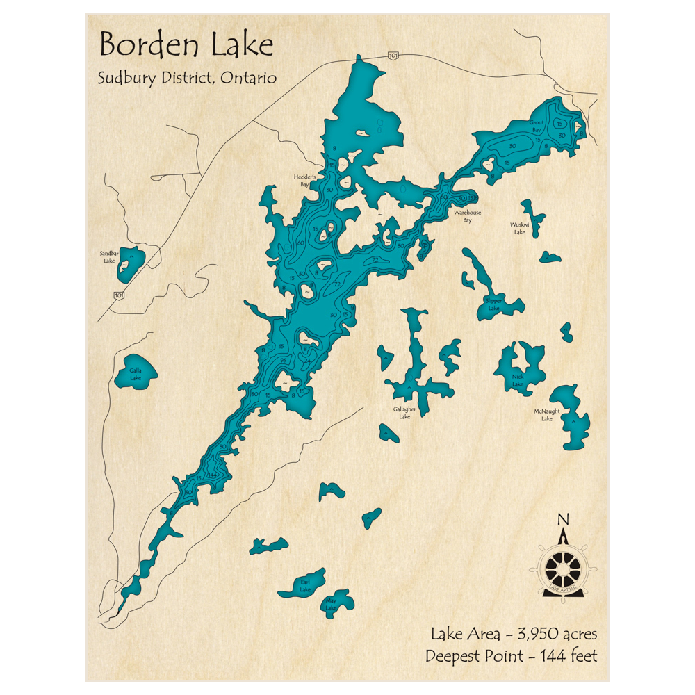 Bathymetric topo map of Borden Lake with roads, towns and depths noted in blue water