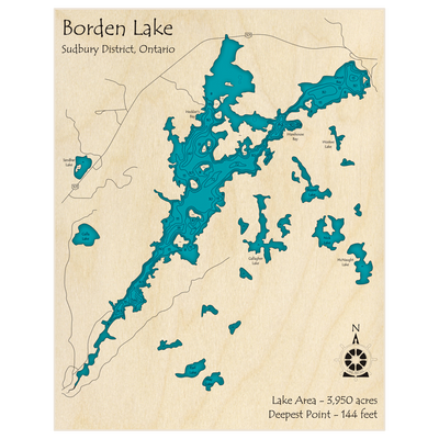 Bathymetric topo map of Borden Lake with roads, towns and depths noted in blue water