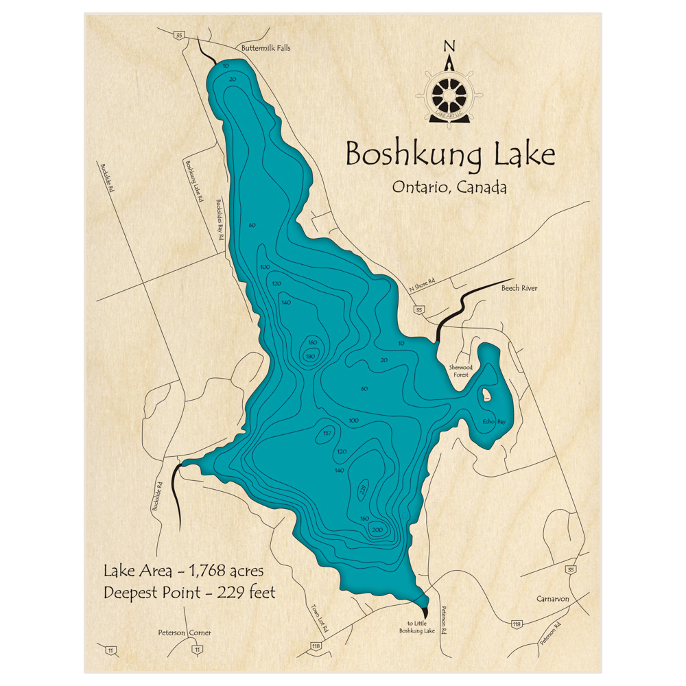 Bathymetric topo map of Boshkung Lake with roads, towns and depths noted in blue water