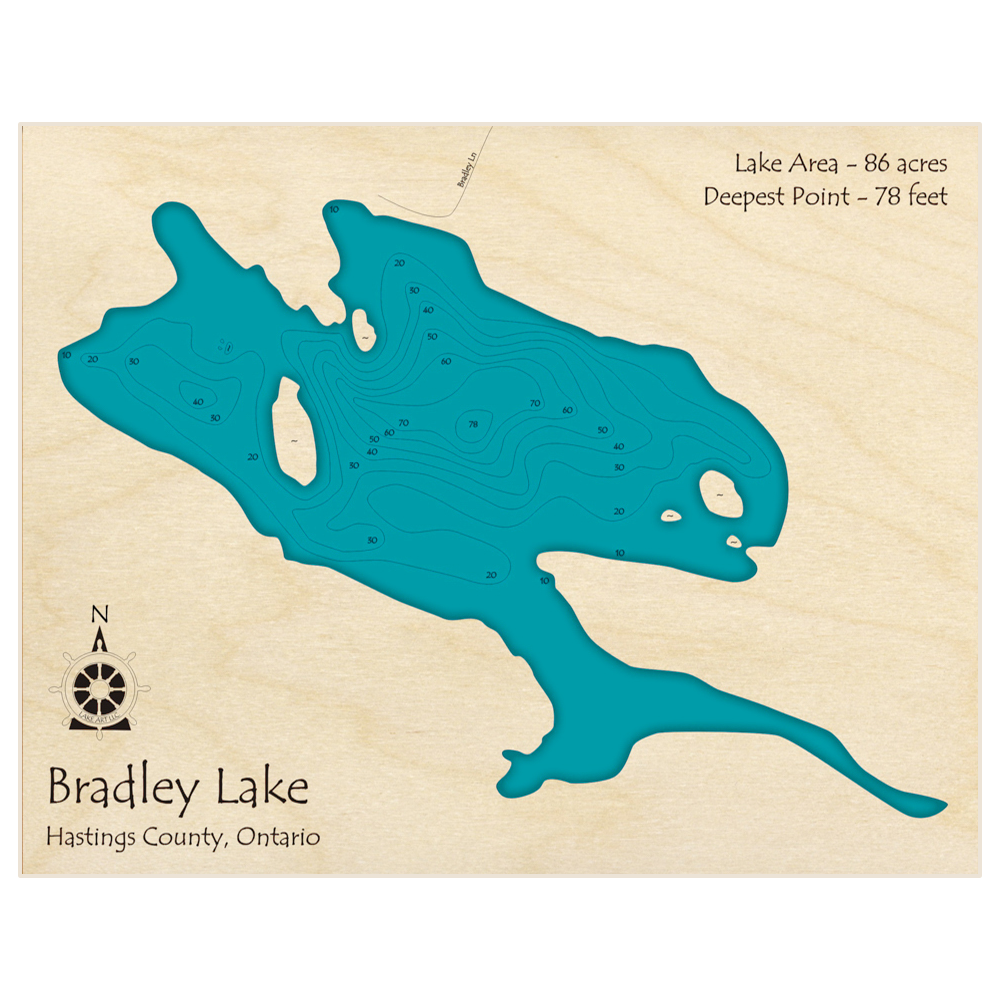 Bathymetric topo map of Bradley Lake with roads, towns and depths noted in blue water