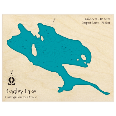 Bathymetric topo map of Bradley Lake with roads, towns and depths noted in blue water