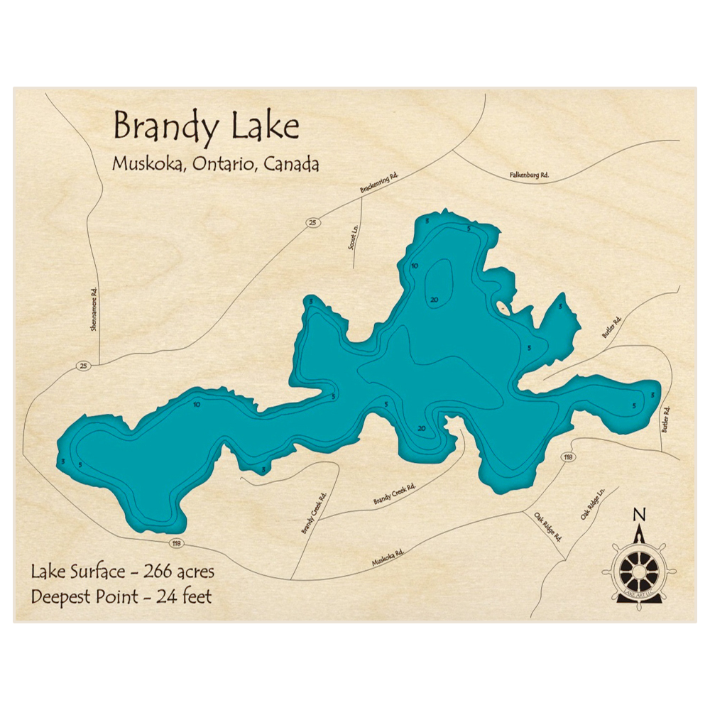 Bathymetric topo map of Brandy Lake with roads, towns and depths noted in blue water