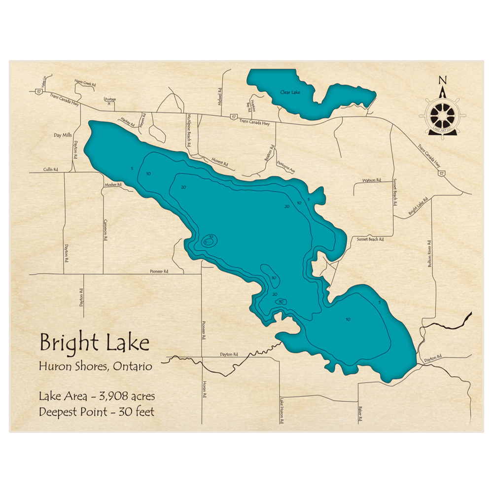 Bathymetric topo map of Bright Lake with roads, towns and depths noted in blue water