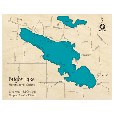 Bathymetric topo map of Bright Lake with roads, towns and depths noted in blue water