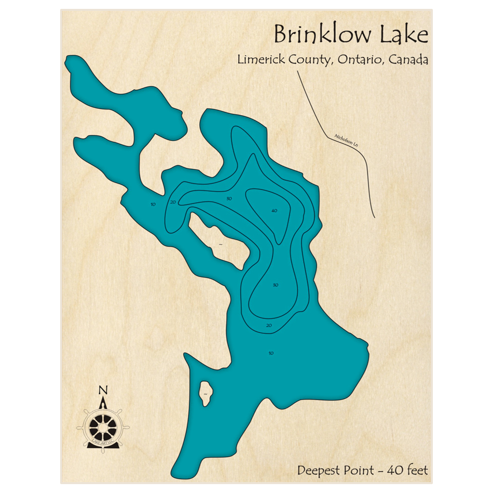 Bathymetric topo map of Brinklow Lake with roads, towns and depths noted in blue water