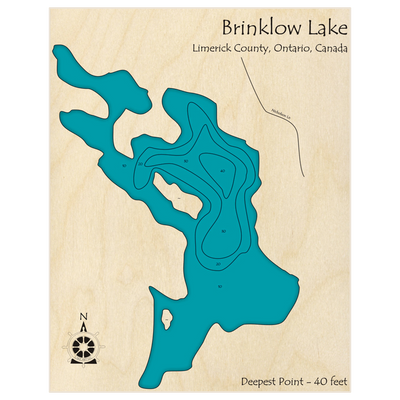 Bathymetric topo map of Brinklow Lake with roads, towns and depths noted in blue water