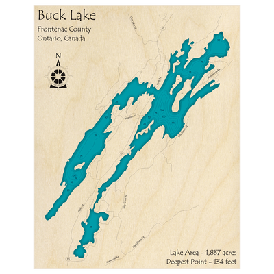 Bathymetric topo map of Buck Lake with roads, towns and depths noted in blue water