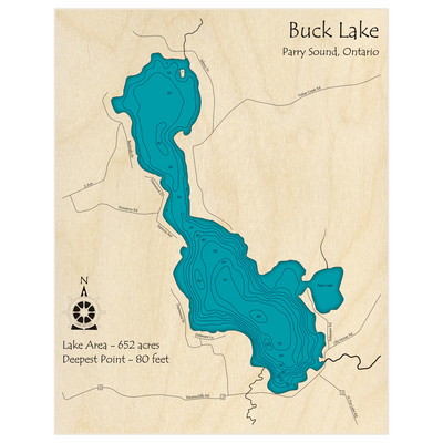Bathymetric topo map of Buck Lake with roads, towns and depths noted in blue water