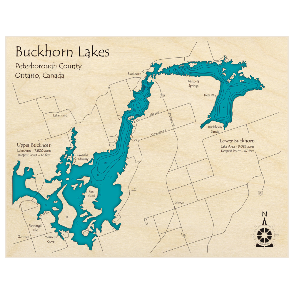 Bathymetric topo map of Buckhorn Lakes (Upper and Lower Lakes) with roads, towns and depths noted in blue water