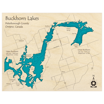Bathymetric topo map of Buckhorn Lakes (Upper and Lower Lakes) with roads, towns and depths noted in blue water
