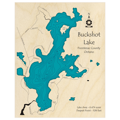 Bathymetric topo map of Buckshot Lake with roads, towns and depths noted in blue water