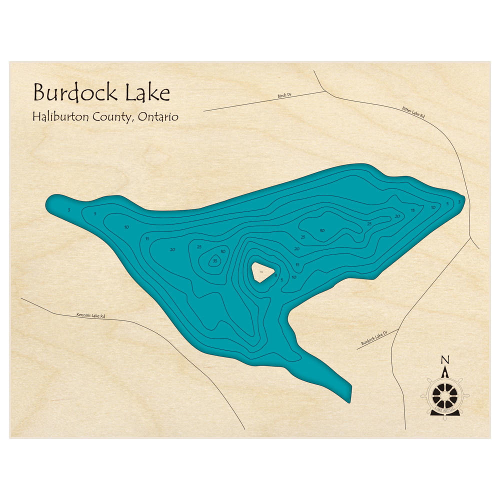 Bathymetric topo map of Burdock Lake with roads, towns and depths noted in blue water
