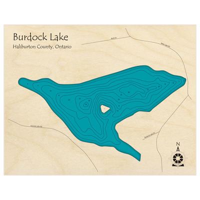 Bathymetric topo map of Burdock Lake with roads, towns and depths noted in blue water