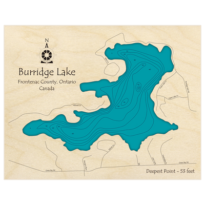 Bathymetric topo map of Burridge Lake with roads, towns and depths noted in blue water