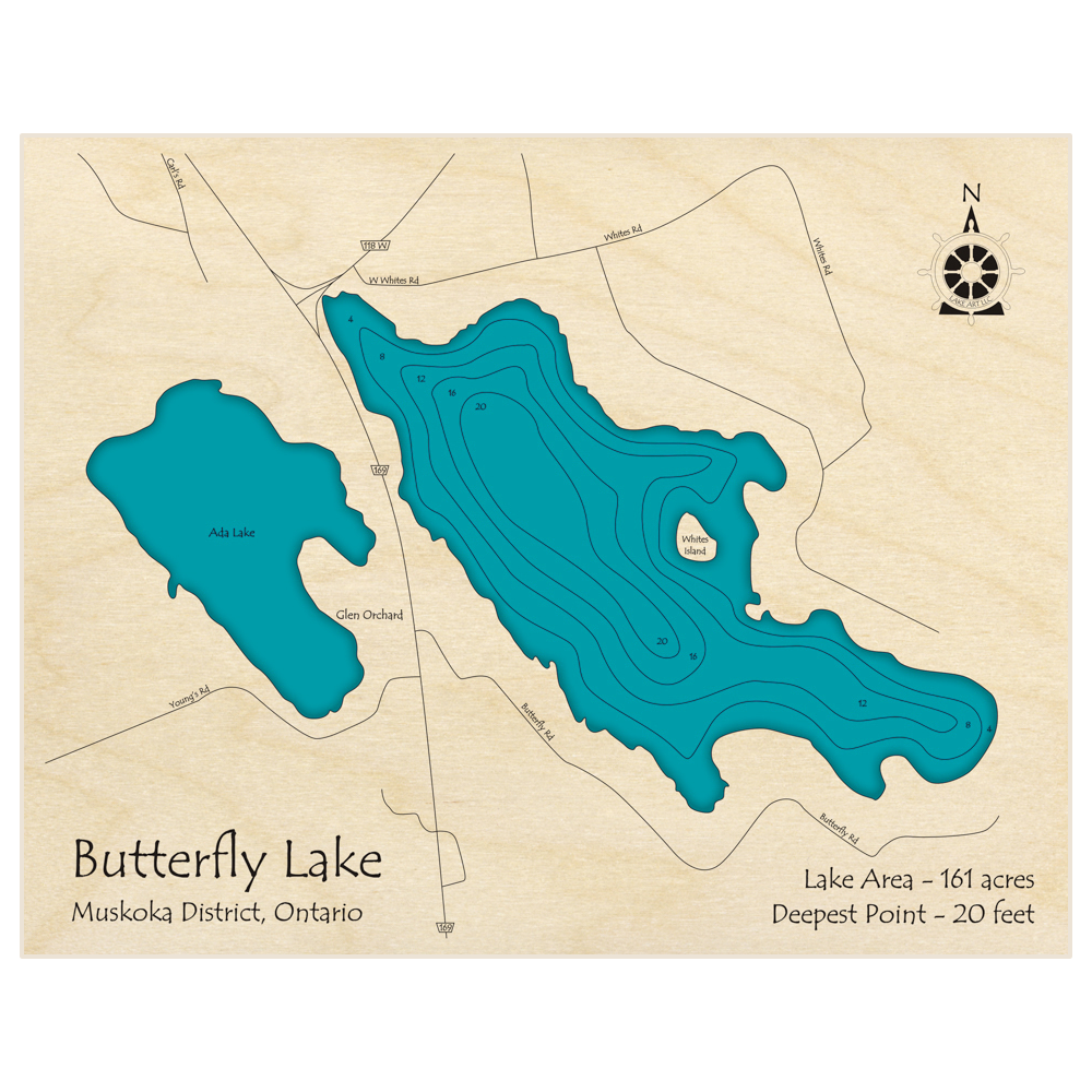 Bathymetric topo map of Butterfly Lake with roads, towns and depths noted in blue water