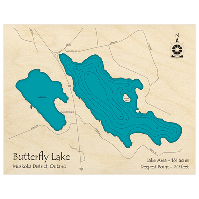 Bathymetric topo map of Butterfly Lake with roads, towns and depths noted in blue water