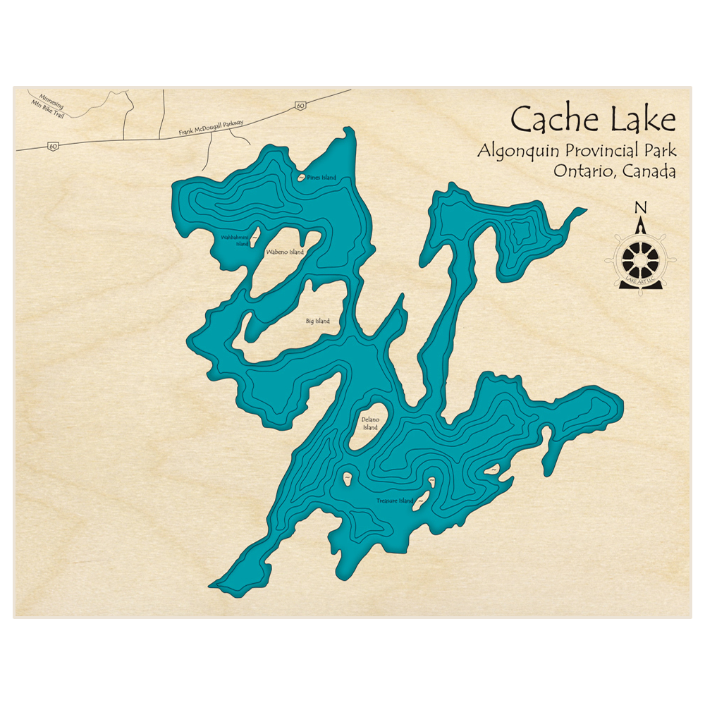 Bathymetric topo map of Cache Lake  with roads, towns and depths noted in blue water