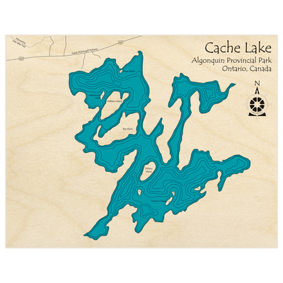 Bathymetric topo map of Cache Lake  with roads, towns and depths noted in blue water
