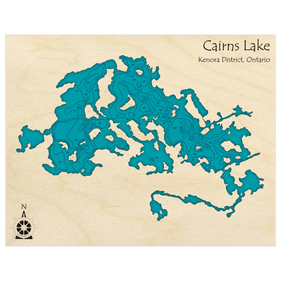 Bathymetric topo map of Cairns Lake with roads, towns and depths noted in blue water