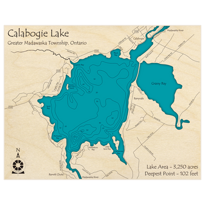 Bathymetric topo map of Calabogie Lake with roads, towns and depths noted in blue water