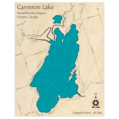 Bathymetric topo map of Cameron Lake with roads, towns and depths noted in blue water