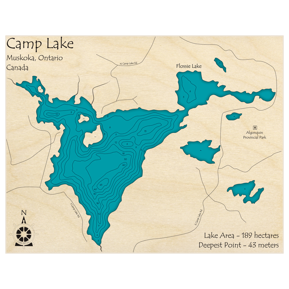 Bathymetric topo map of Camp Lake with roads, towns and depths noted in blue water