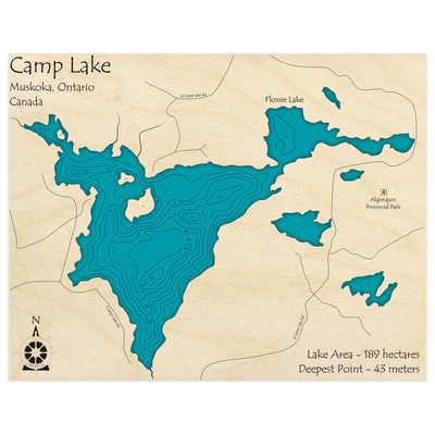 Bathymetric topo map of Camp Lake with roads, towns and depths noted in blue water