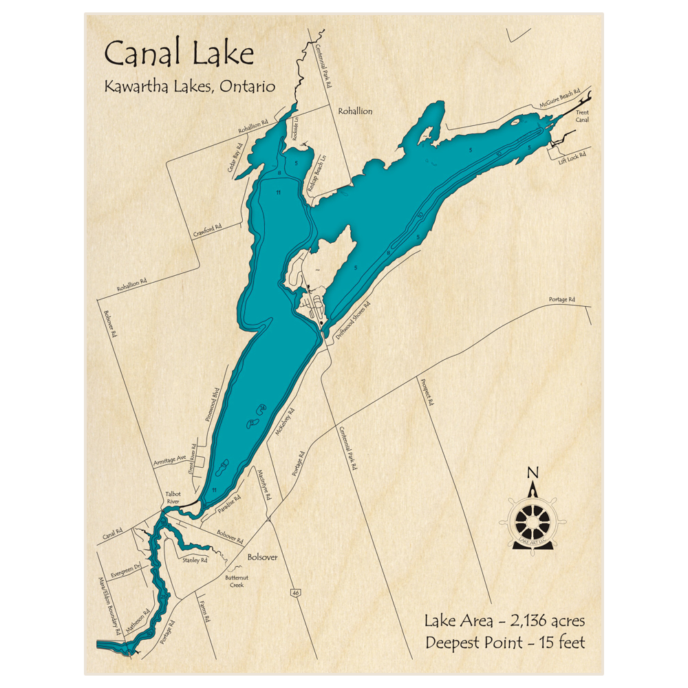 Bathymetric topo map of Canal Lake with roads, towns and depths noted in blue water