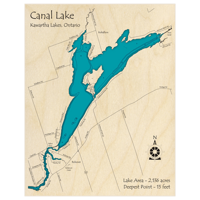Bathymetric topo map of Canal Lake with roads, towns and depths noted in blue water